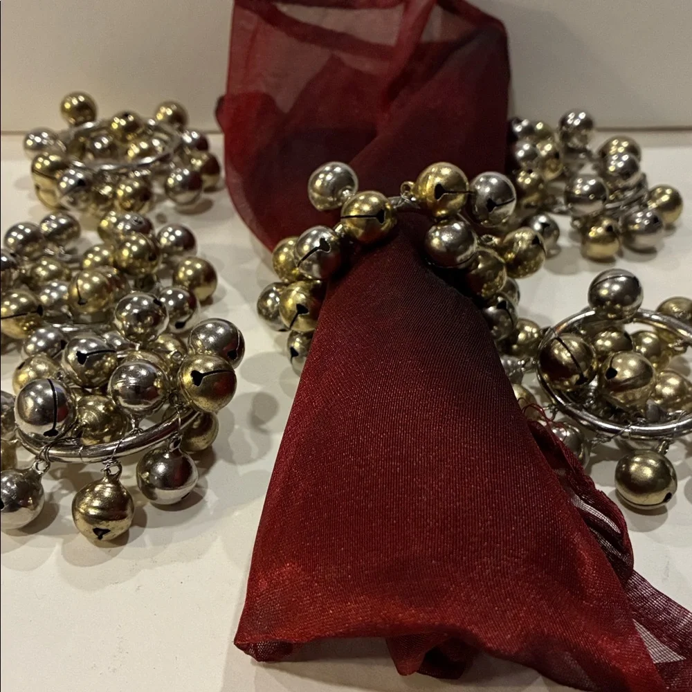 Jingle Bell Silver/Gold Napkin Rings Set/6 Holders Napkin Holders Set of 6